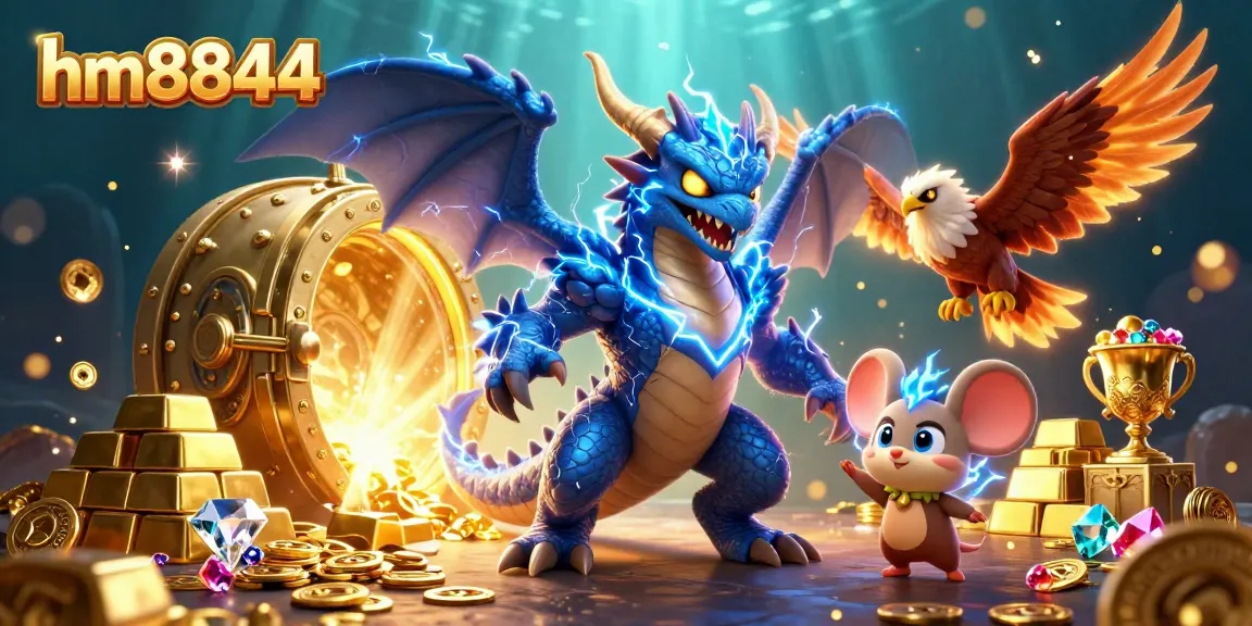 Experience the thrill of winning with hm8844 in this dynamic casino-themed illustration featuring vibrant characters.