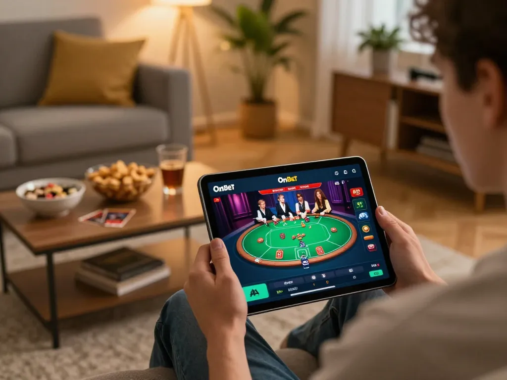 Player engaging with the OnBet mobile casino app during a cozy gaming night at home