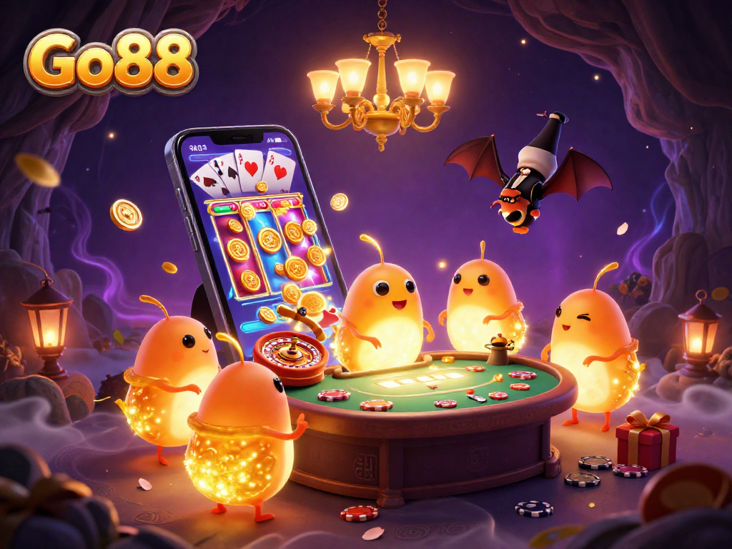 Experience excitement at Go88 with glowworms lighting a casino scene featuring vibrant slots and dynamic game elements.