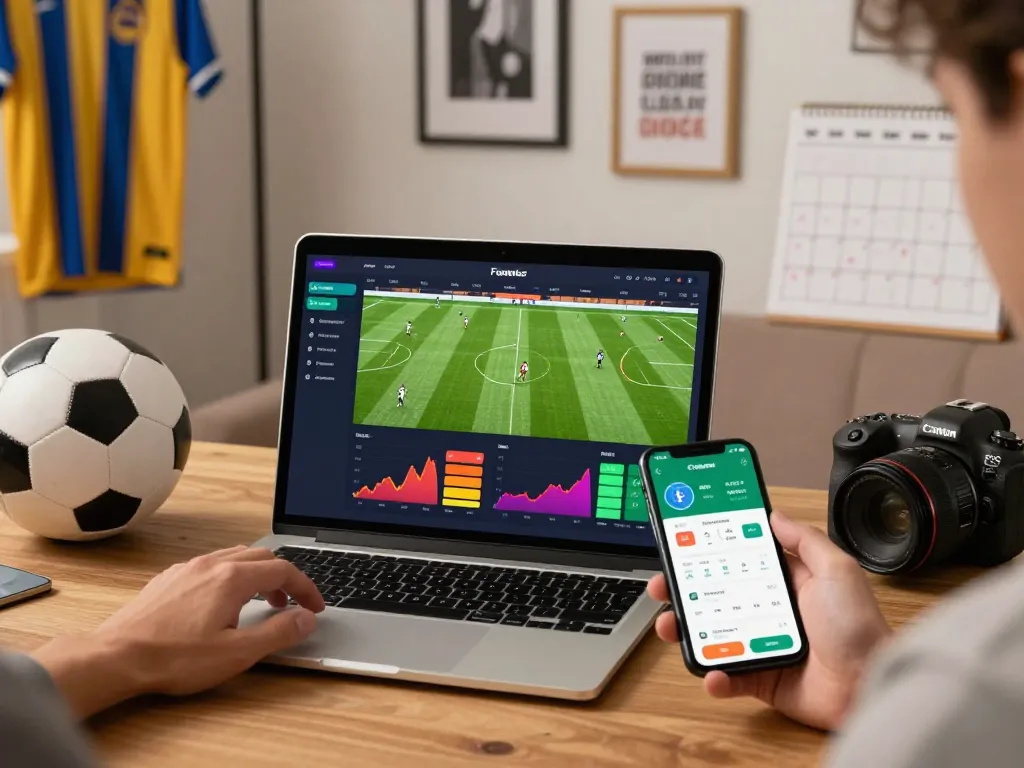 Engaged user exploring 1gom betting odds on a laptop, surrounded by sports memorabilia.