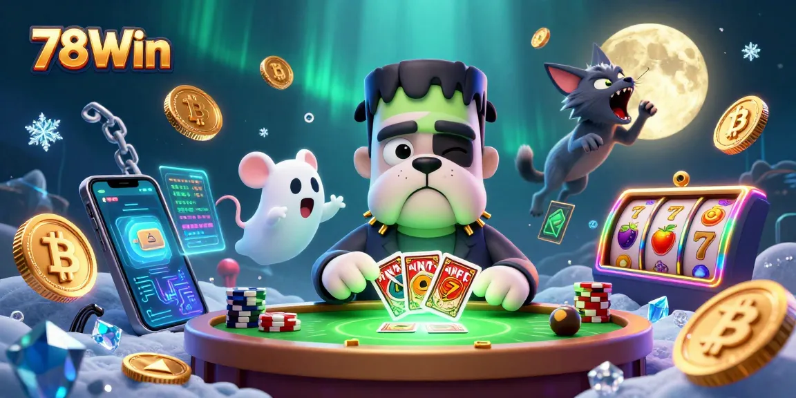 Experience winning with 78Win as a cartoon bulldog monster deals cards at a spooky casino.