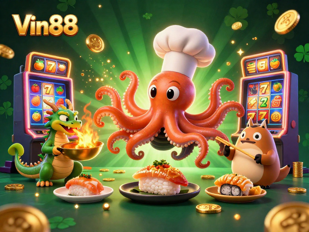 Join Vin88's fun with a colorful casino scene featuring 3D characters and vibrant slot elements.