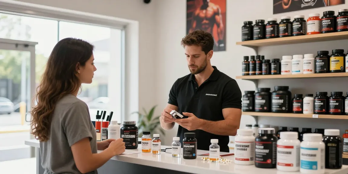 Steroide Boutique displaying anabolic steroids with staff assisting customers in a vibrant atmosphere.