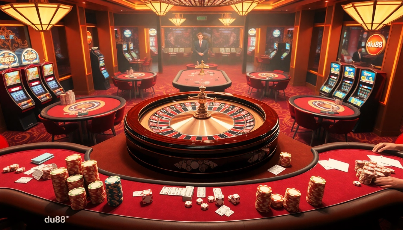Experience a vibrant casino scene with du88 roulette tables and colorful poker chips, creating excitement.