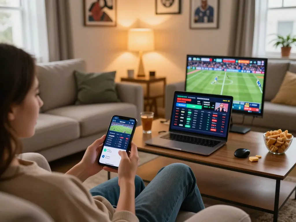 Engaging in live sports betting with the Bsport app on smartphone in a cozy home setting.