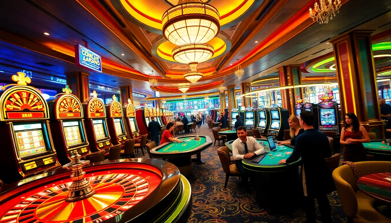 Gamblers enjoying games at https://f168.vision/ with vibrant slot machines and a crowded casino atmosphere.