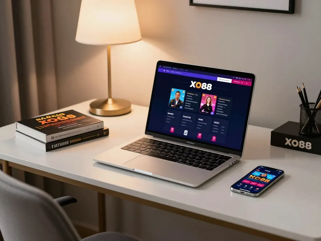 Engaging home gaming setup showcasing nhà cái XO88 on a laptop with ambient lighting and organized space