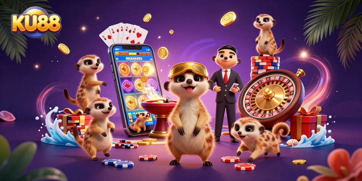 KU88 immerses players in a vibrant casino scene featuring meerkats in an elaborate setup with game elements.