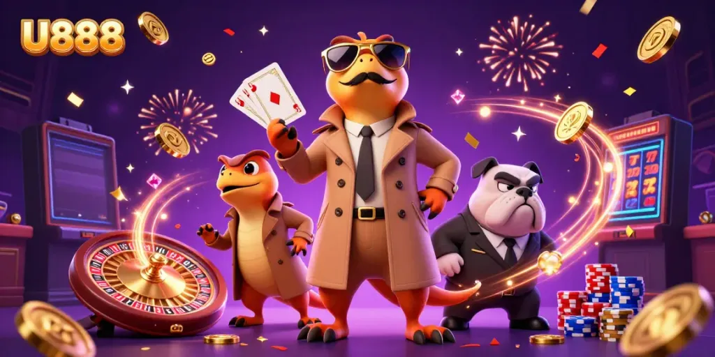 Experience the excitement of U888 as cartoon raptors attempt to enter a VIP casino lounge.