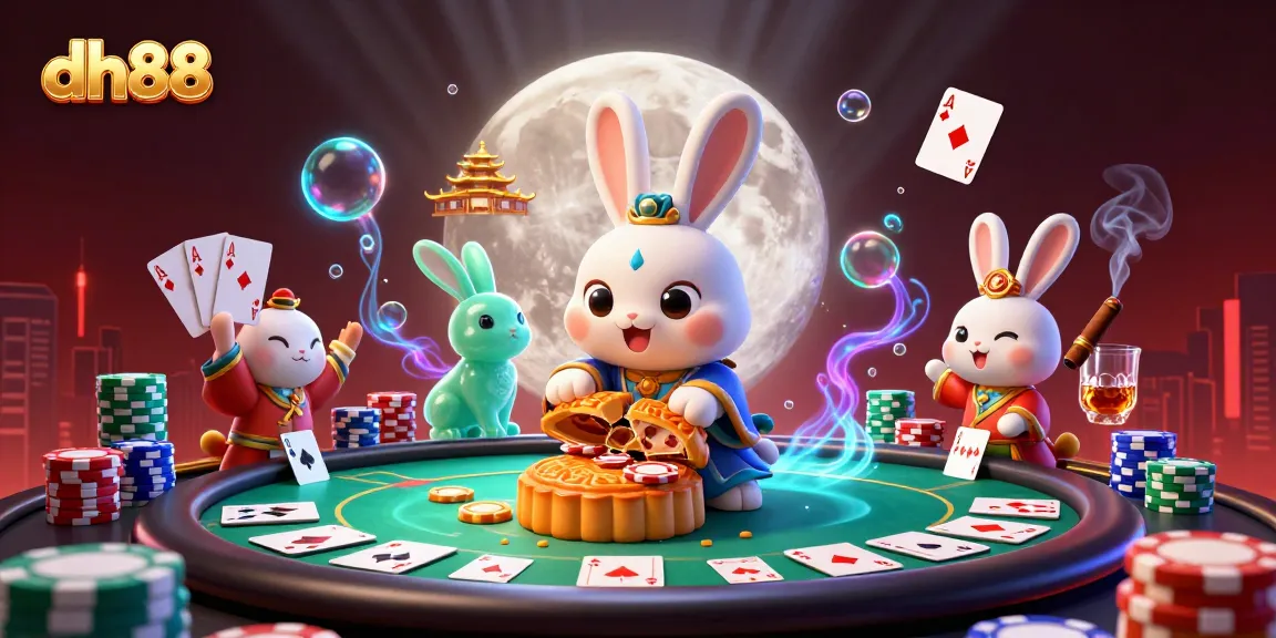 Experience excitement with dh88 as a moon rabbit reveals golden poker chips within mooncakes.