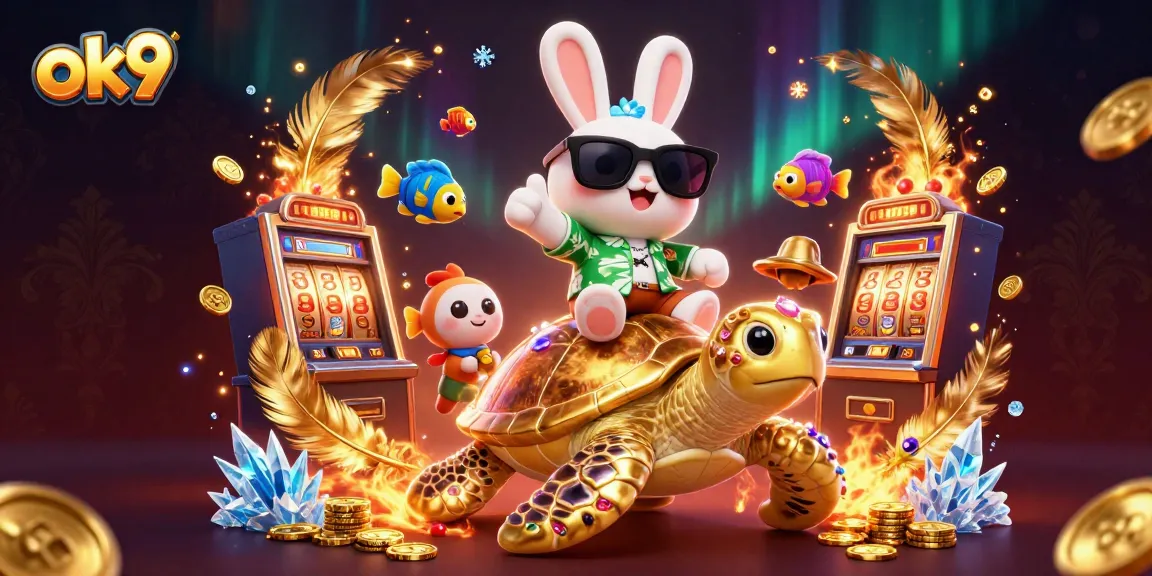 Win big at ok9 casino with a lucky rabbit and golden sea turtle in a vibrant, immersive setting.