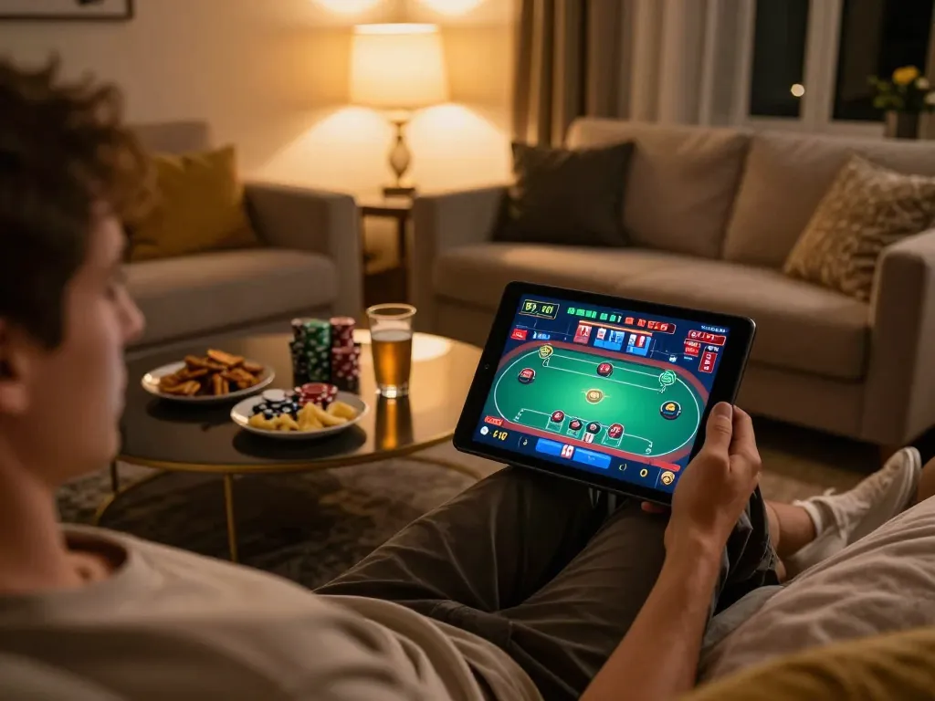 Engaging in online poker gameplay at https://www.dacsandatphanrang.com/ with a cozy setup and warm lighting