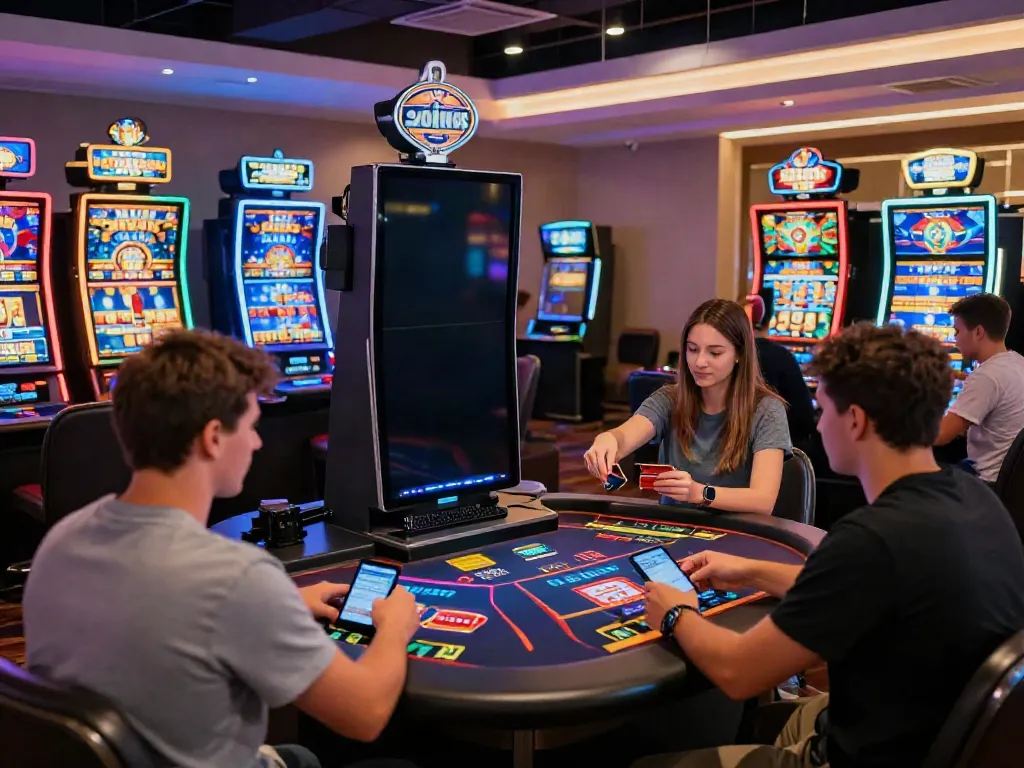 Exciting atmosphere at online casinos that accept credit cards, players enjoying live games, vibrant lights, and modern decor.