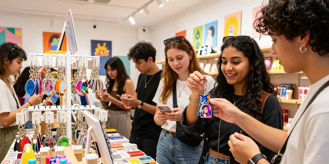Custom keychains showcased in a colorful boutique, friends engaging with unique designs.