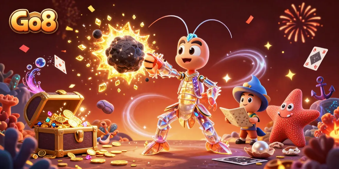 Go8 engages players with a dynamic casino-themed illustration showcasing exciting treasures and golden gems.