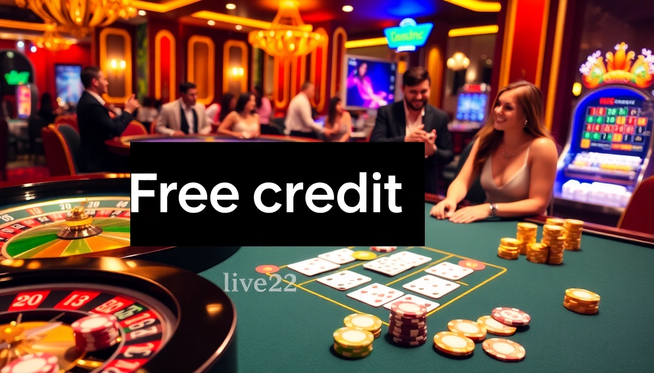 Engage in gaming excitement with free credit live22 at a luxurious casino table filled with colorful poker chips and cards.