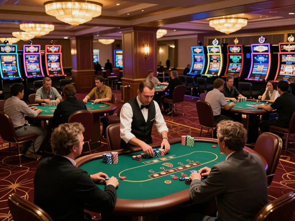LUCKY88 players engaged in strategic gameplay at vibrant casino tables illuminated by warm chandeliers.