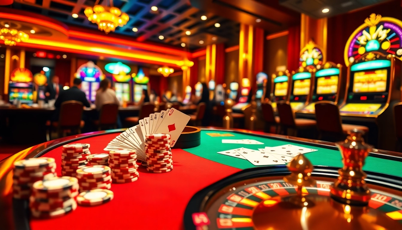 Experience the thrill of gaming at https://789f.site/ with vibrant casino visuals featuring roulette wheels and poker tables.