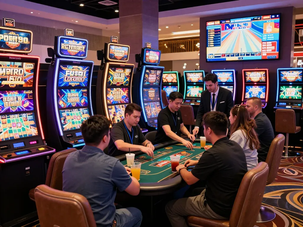 Nohu90 players enjoying vibrant casino games with engaging machines and lively atmosphere.