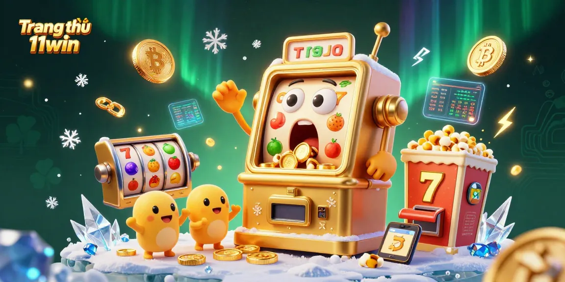 Experience the excitement of Trang chủ 11win with vibrant slot machines celebrating a jackpot amidst glowing crypto coins.
