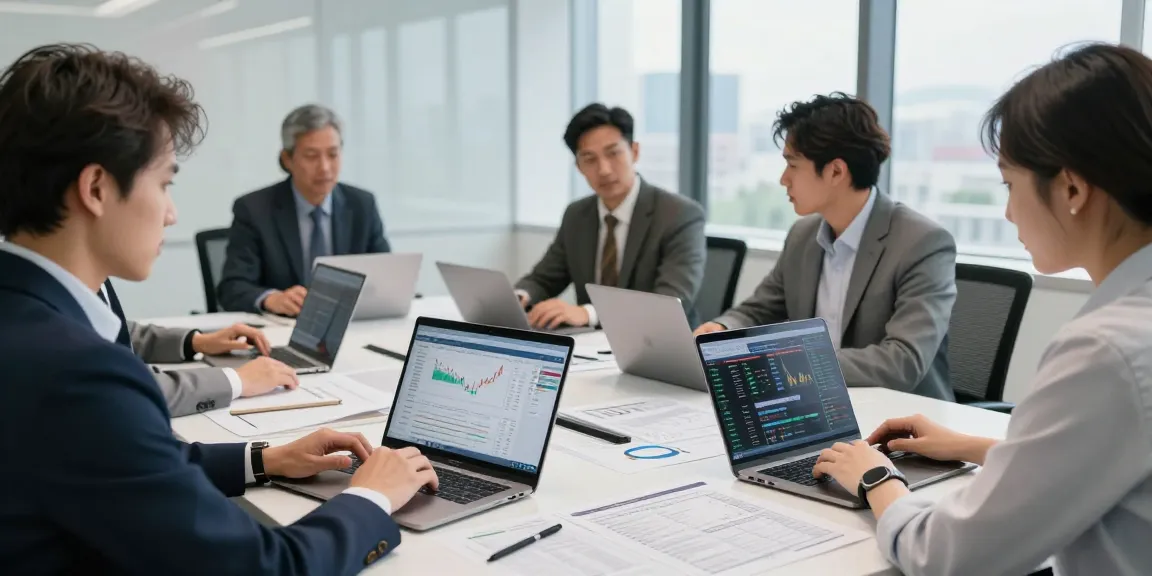 Engaged team analyzing ETF investment strategies in a bright conference room.