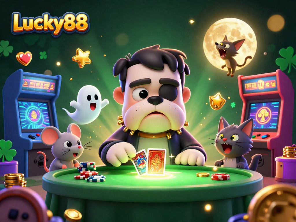 Experience Lucky88 gaming excitement with a Frankenstein bulldog dealer and casino-themed characters!