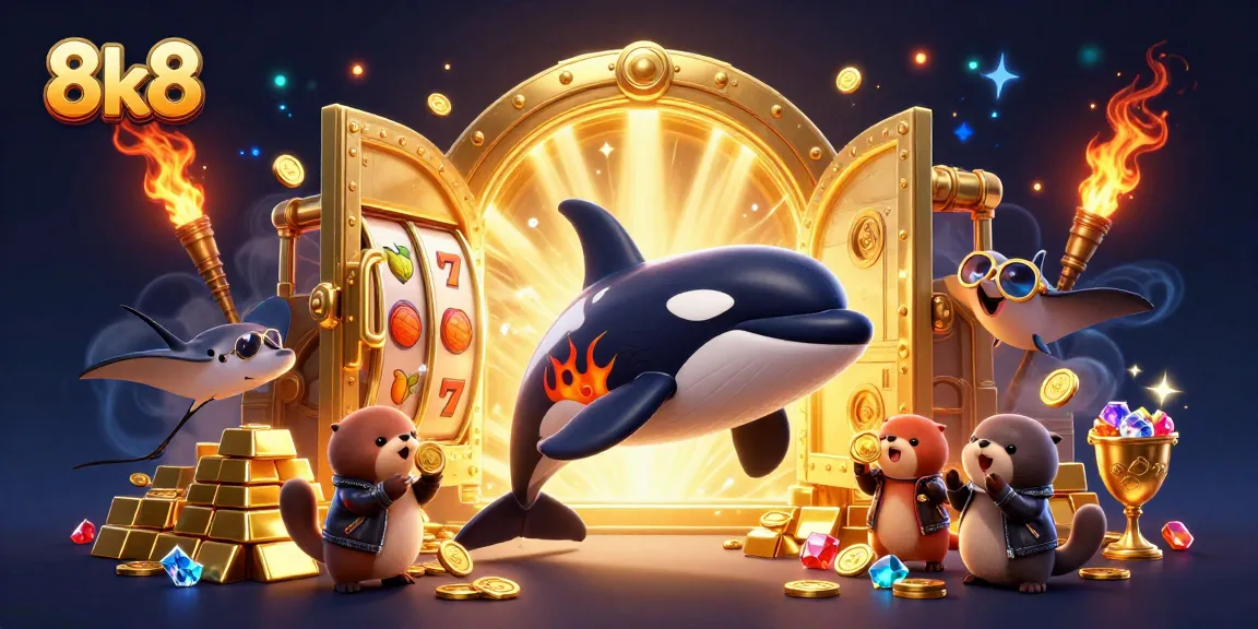 Play thrilling casino games at 8k8, featuring exciting characters and golden treasures in vibrant illustration.