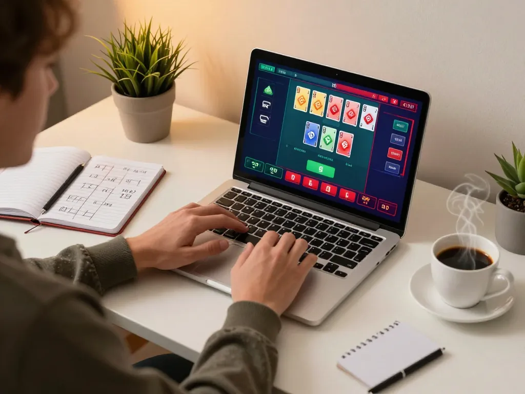 F168 user engaging in online casino gaming, showcasing vibrant gameplay and strategic notes