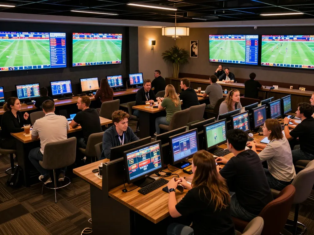 GO8 sports betting lounge displaying live matches with enthusiastic bettors enjoying the experience