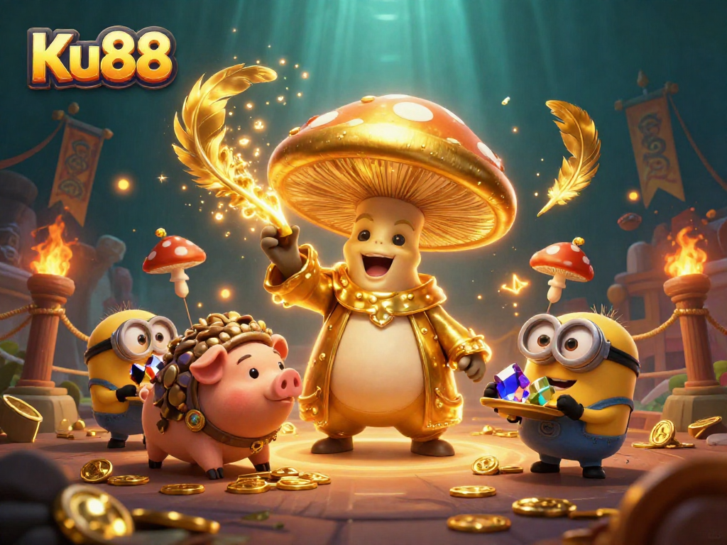 Win big at Ku88 with a magical scene of a wizard, pig, and treasure-filled minions.