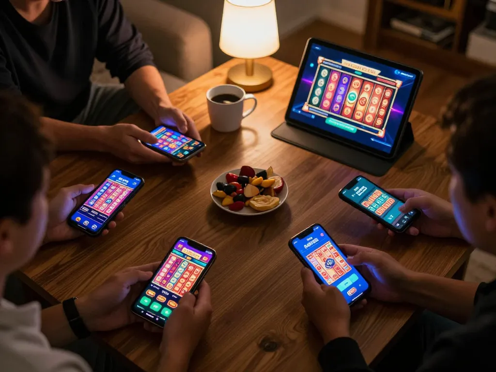Engaged players enjoying the PH22 app while spinning reels on their mobile devices, creating a vibrant gaming atmosphere