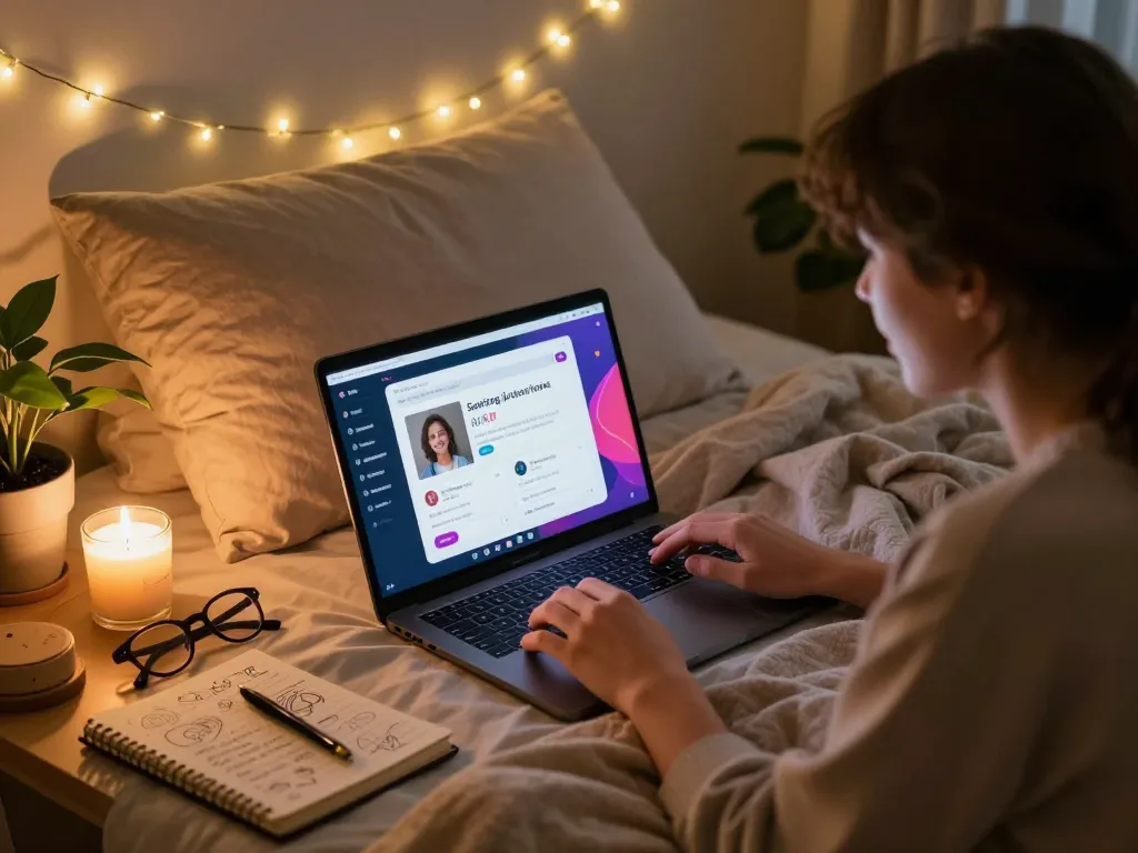 Cozy bedroom scene with a person using sexting AI for engaging conversations.