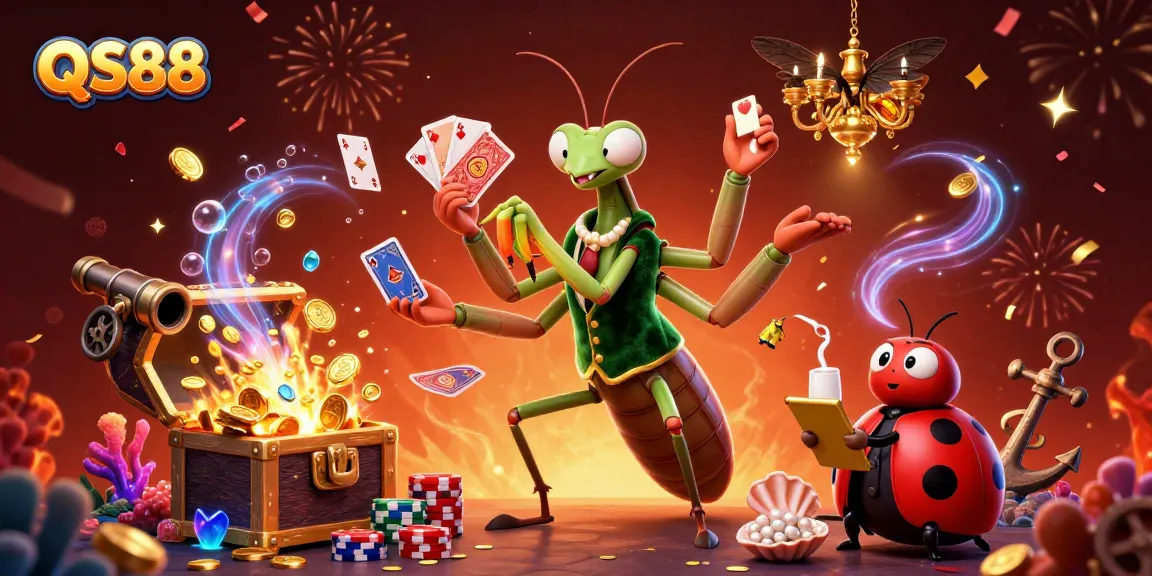 QS88 dynamic gaming scene featuring a card sharp and pit boss amidst vibrant casino elements