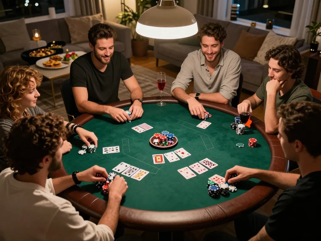 A lively poker game scene showcasing players engaged in a spirited match at home, highlighting the strategic excitement of aa88 while enjoying snacks and drinks.