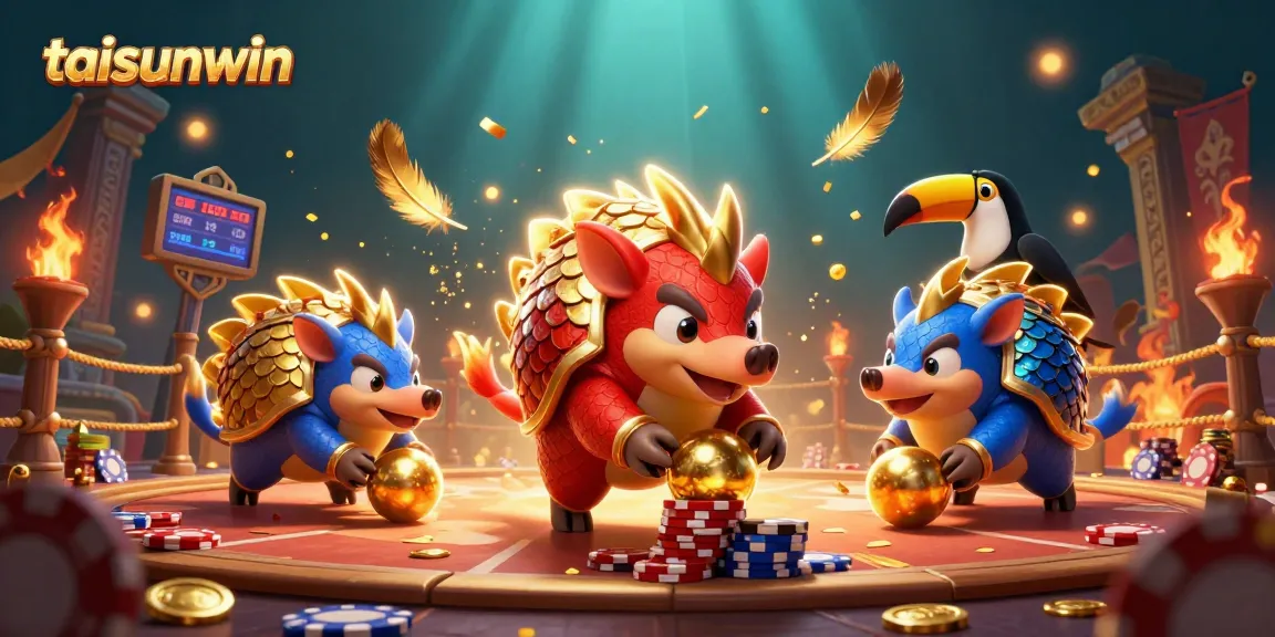 Engage with taisunwin's thrilling gameplay as rival pangolins roll towards victory amidst confetti and poker chips.
