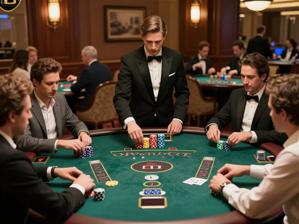 five88 players enjoying a thrilling blackjack game with stacked chips and focused expressions at an upscale casino