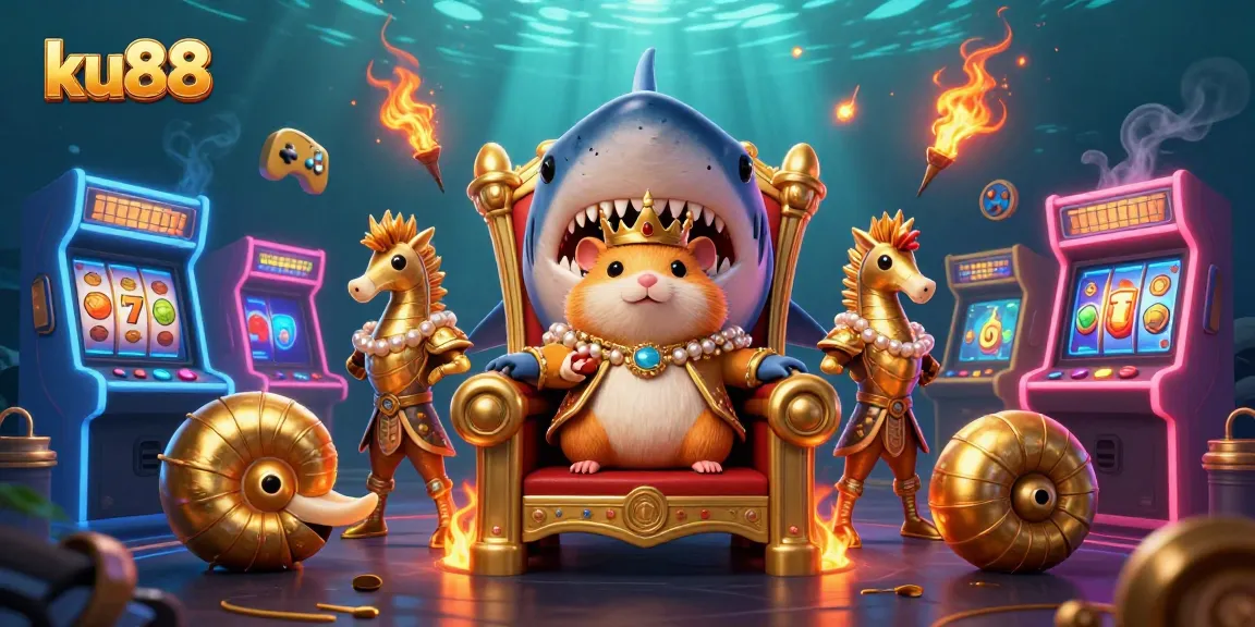 ku88 showcases a golden hamster king on a megalodon throne, surrounded by vibrant casino games.