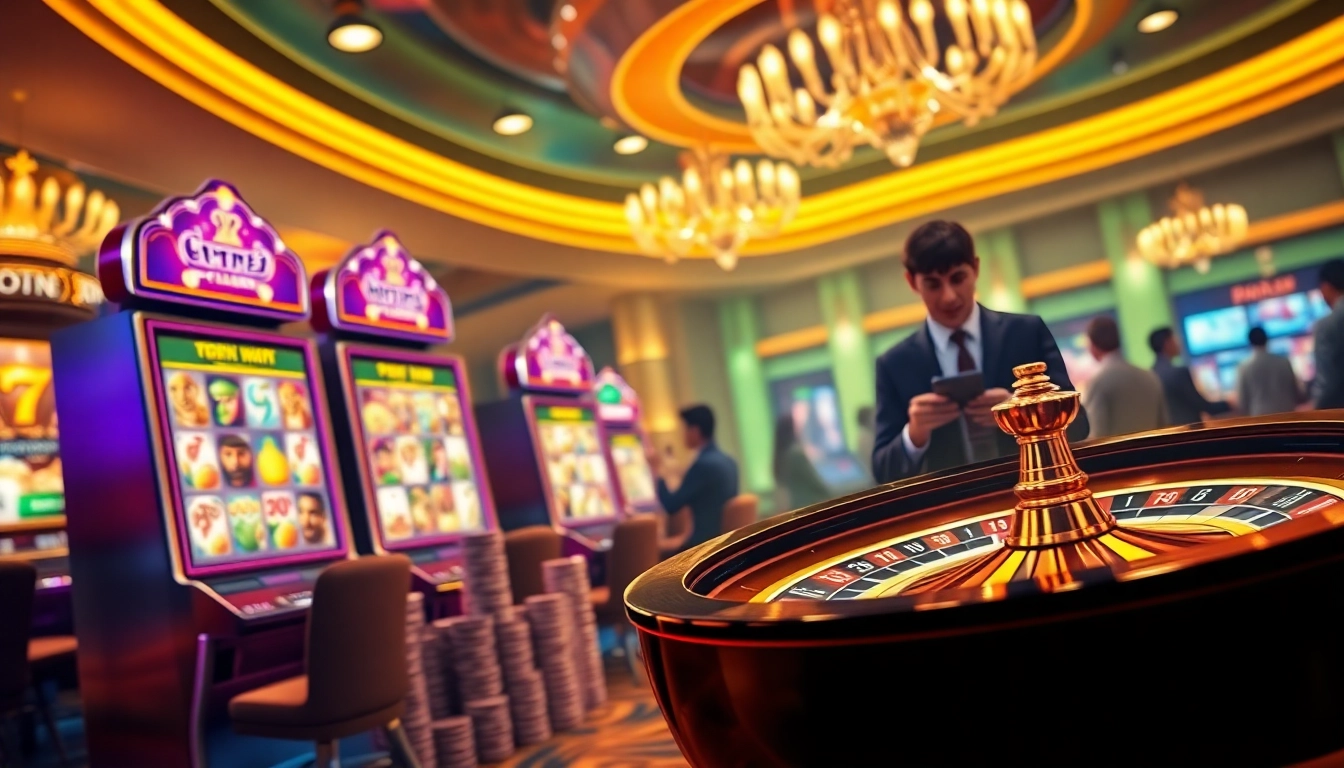 IDN slot gaming scene with luxurious online interface, digital slot machines, and poker chips.