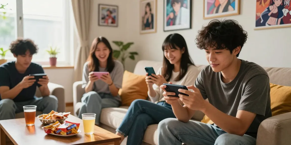 Engaged group enjoying a mobile hentai game in a cozy living room setting, showcasing a vibrant gaming culture.