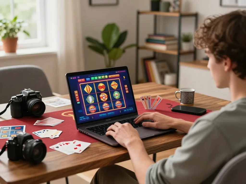 Player enjoying exciting slot games at home using 32win1 online casino platform, showcasing vibrant gaming interface.