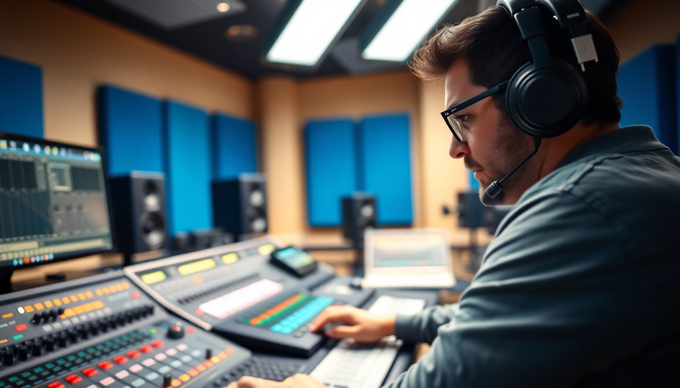 Creating soundtracks through online audio mastering with a modern audio engineer at work.