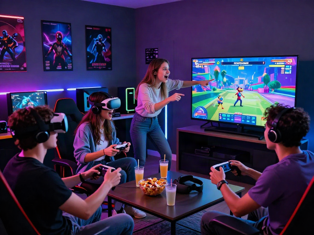 Friends enjoying a gaming night playing engaging porn games with VR headsets and vibrant graphics.