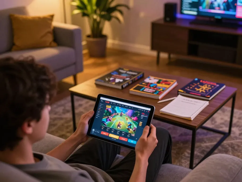 Enthusiast enjoying online gaming with lc88 link on tablet, cozy atmosphere, strategic gameplay elements.