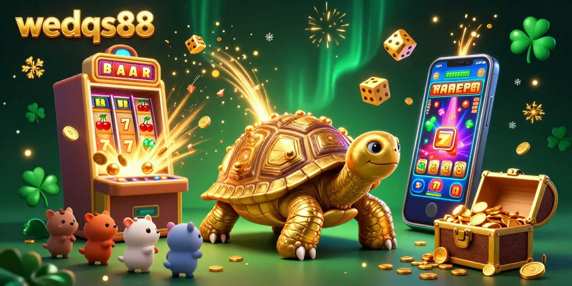 Spin to win big at wedqs88 with a vibrant scene featuring a golden tortoise pinball machine and a jackpot slot burst.