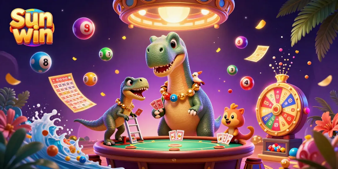 Experience thrilling fun with Sun win as colorful lottery balls dynamically bounce near casino characters.
