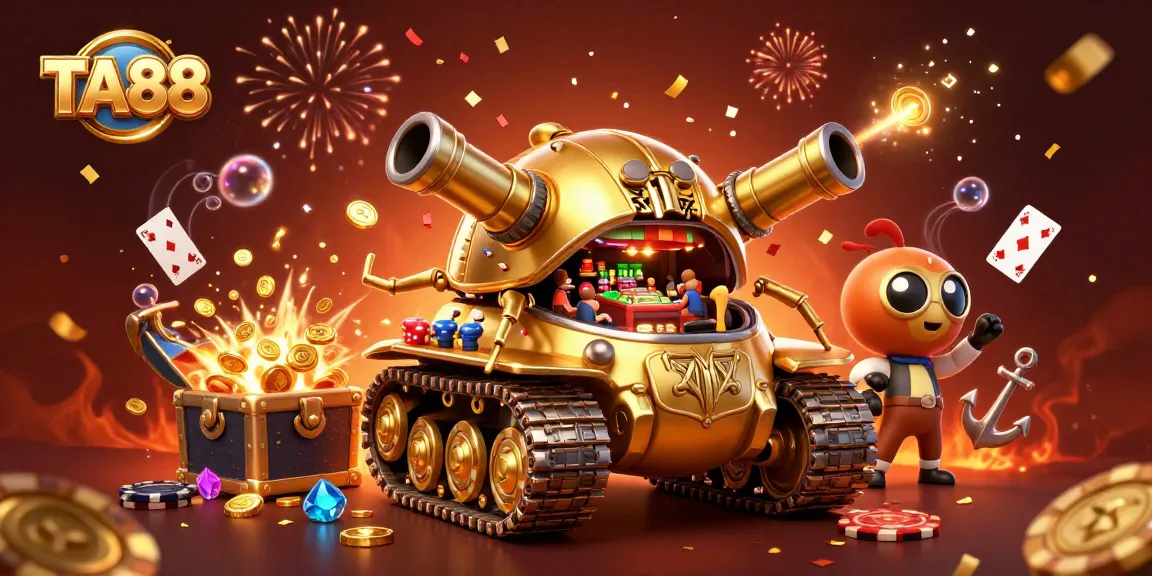 Experience vibrant casino action with TA88's golden beetle tank, lively confetti, and thrilling game elements.