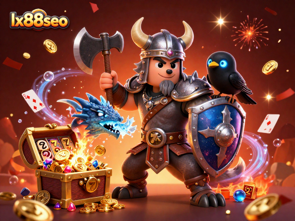 Engage with lx88seo's thrilling casino scene featuring a Viking warrior, dragon, and magical treasure.