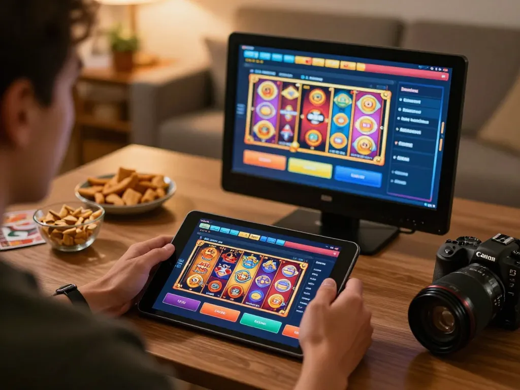 P3 casino gaming strategy in a cozy home setup with a tablet, showcasing vibrant slot games