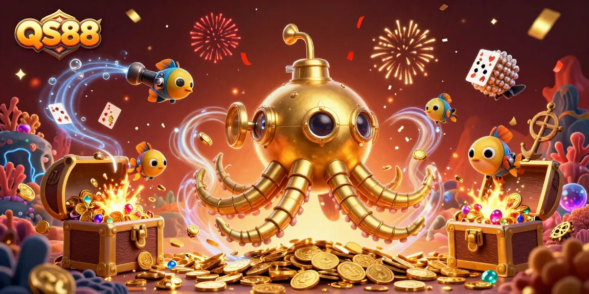 Experience top-tier gambling with QS88, featuring golden kraken and mechanical fish amidst vibrant treasures.