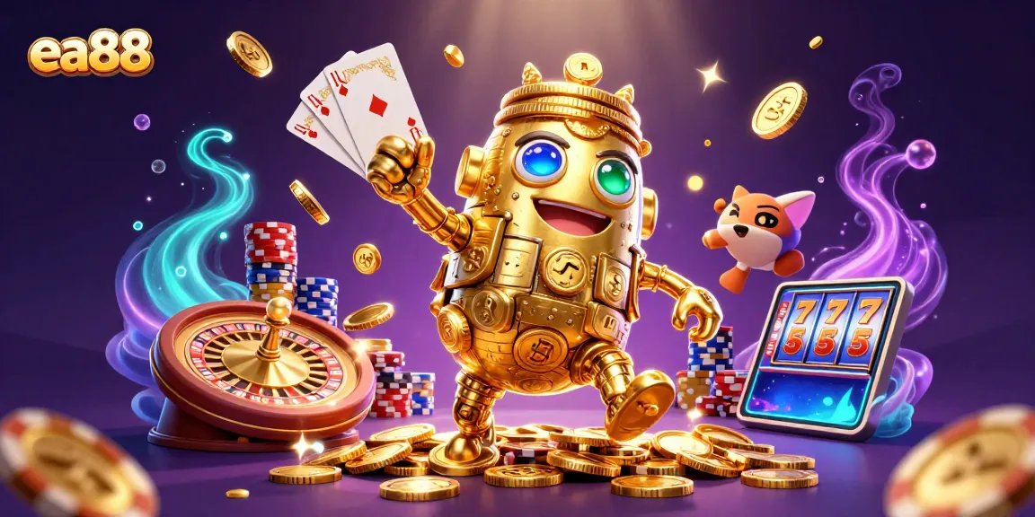 ea88's dynamic casino scene showcases ancient golden golem amidst cascading coins, slot machines, and vibrant game elements.